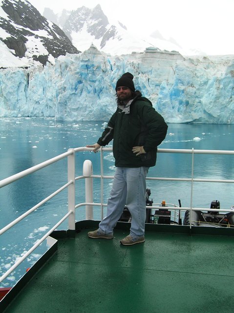 Dan in front of the Risting Glacial at the end of Drygalski Fjord.